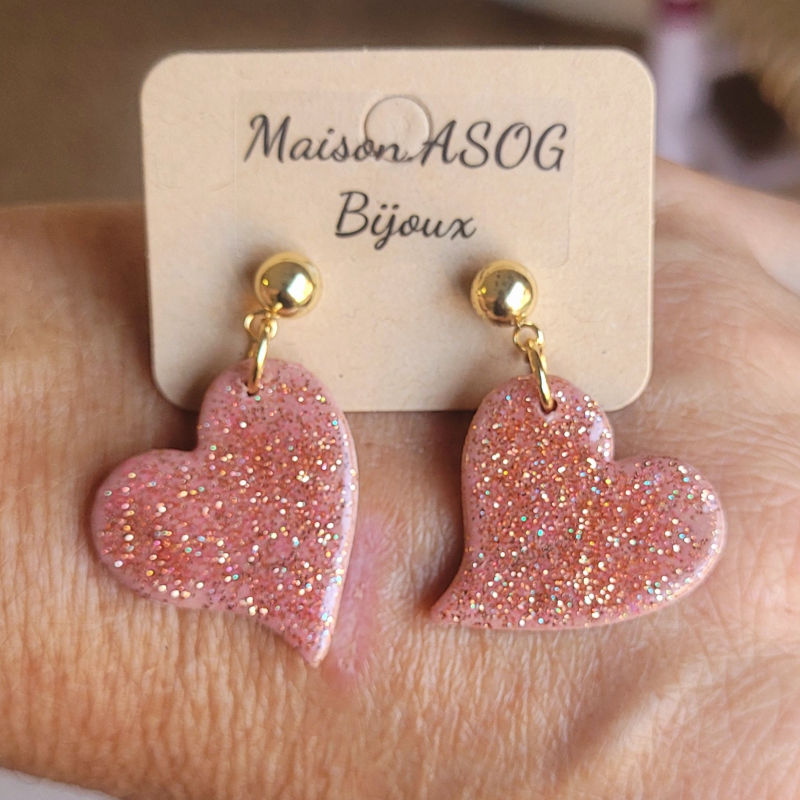 Boucle d'oreille clou boule doré Anna rose pailleté rosé cuivré