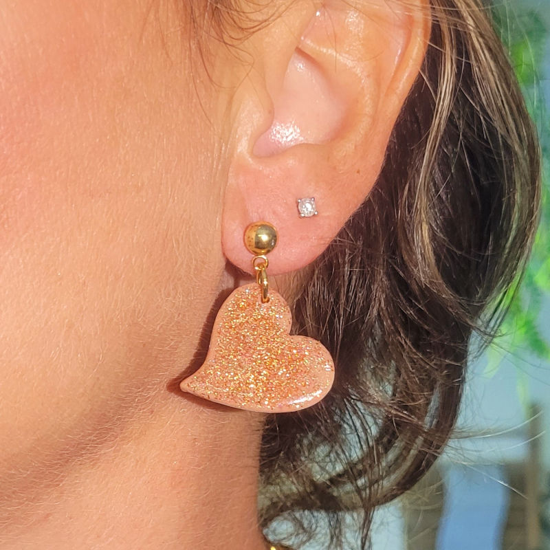 Boucle d'oreille clou boule doré Anna rose pailleté rosé cuivré