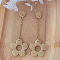 Boucles d'oreille Fleur pendante avec chaîne doré et paillette doré holographique
