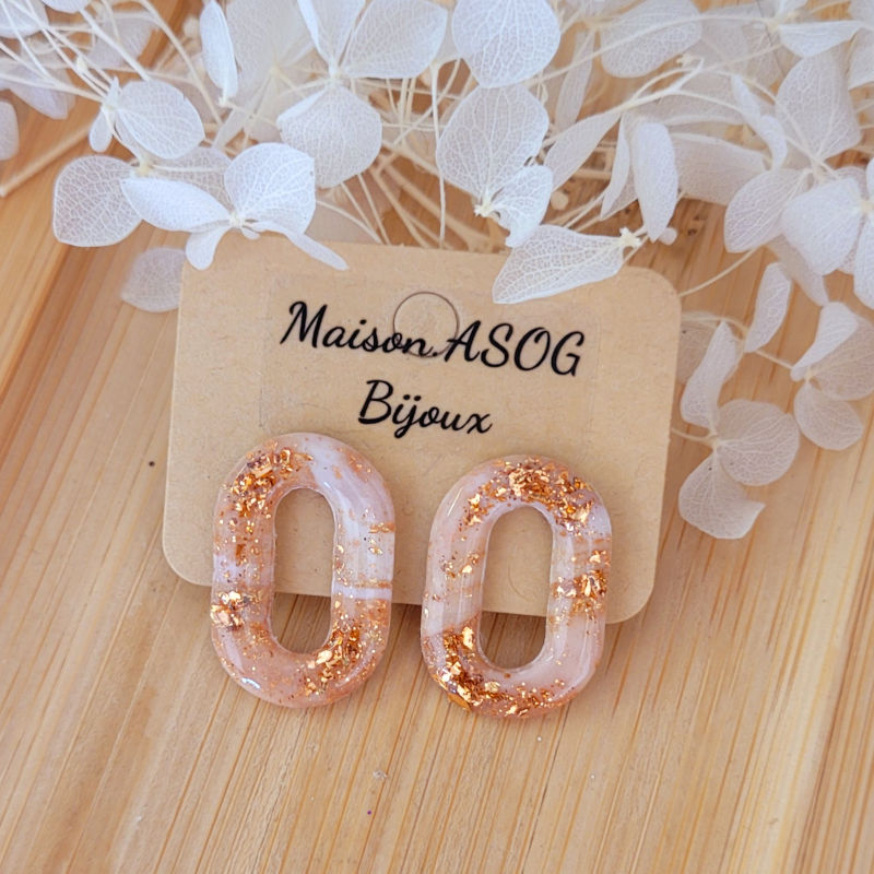 Boucles d'oreilles Mia beige rosé feuille d'or rosé cuivré