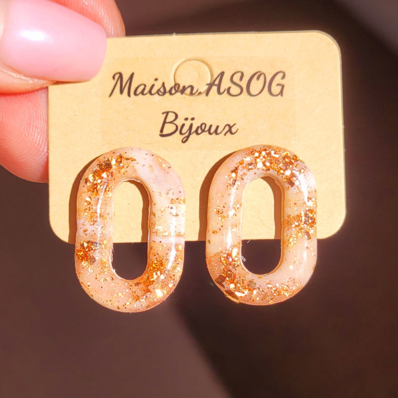 Boucles d'oreilles Mia beige rosé feuille d'or rosé cuivré