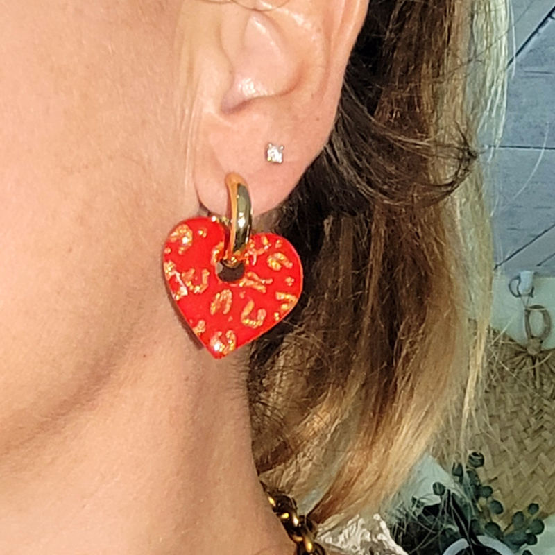 Boucles d'oreille Créole dorée pampille Coeur réversible Léopard rouge doré et pailleté doré