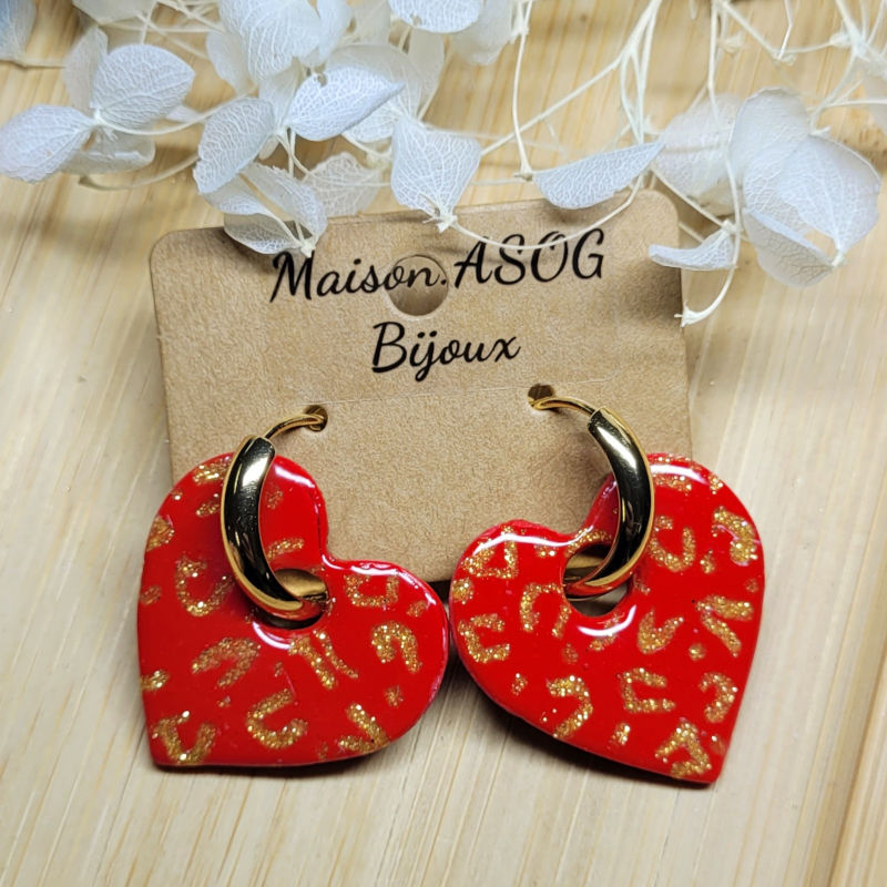 Boucles d'oreille Créole dorée pampille Coeur réversible Léopard rouge doré et pailleté doré