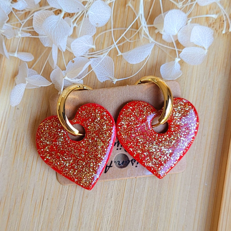Boucles d'oreille Créole dorée pampille Coeur réversible Léopard rouge doré et pailleté doré