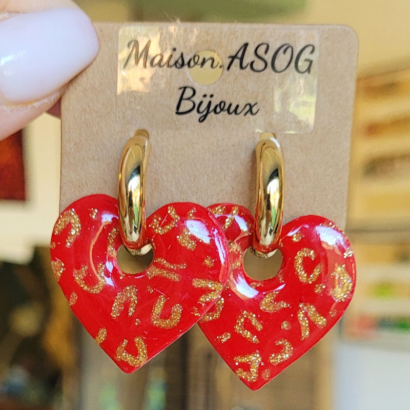 Boucles d'oreille Créole dorée pampille Coeur réversible Léopard rouge doré et pailleté doré