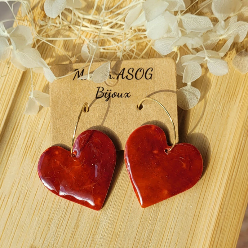 Boucles d'oreille Créole fine dorée pampille Coeur effet tortoise marron rouge brique