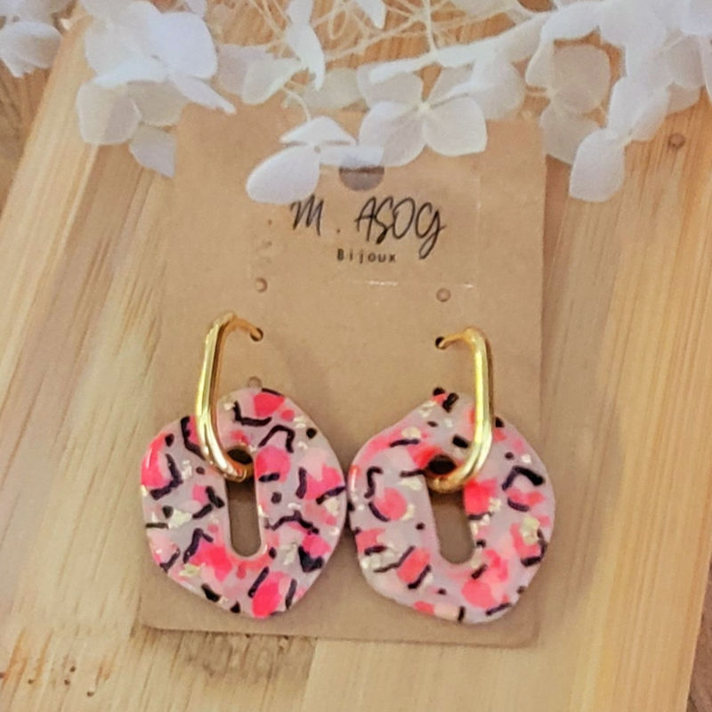 Boucles d'oreilles créole dorée et pampille Bora réversible léopard rose doré et paillette