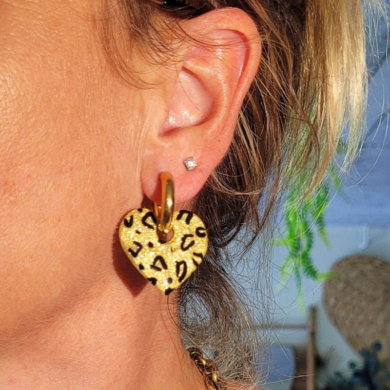 Boucles d'oreille Créole dorée pampille Coeur réversible Léopard doré noir et pailleté doré