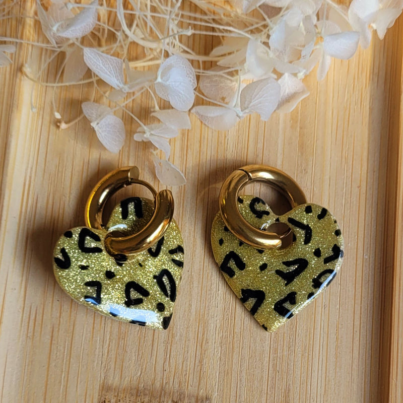Boucles d'oreille Créole dorée pampille Coeur réversible Léopard doré noir et pailleté doré