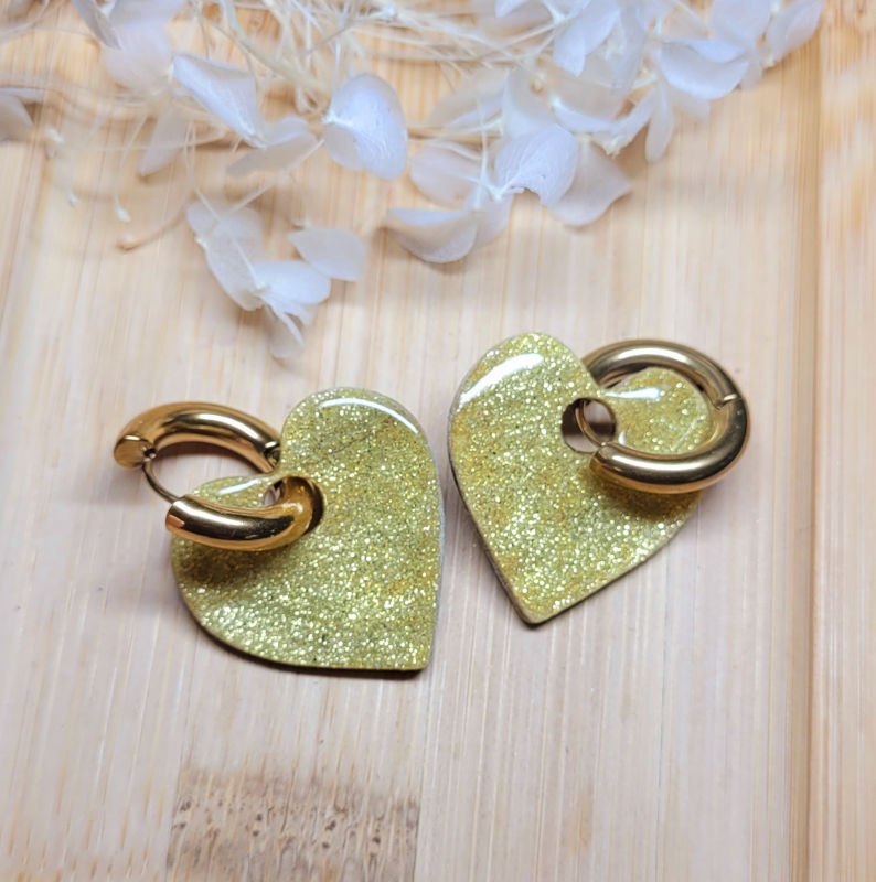 Boucles d'oreille Créole dorée pampille Coeur réversible Léopard doré noir et pailleté doré