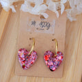 Boucles d'oreille créole dorée et pampille Coeur paillette holographique vieux rose