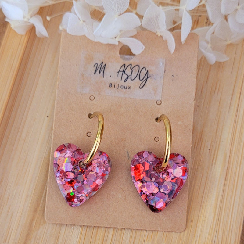 Boucles d'oreille créole dorée et pampille Coeur paillette holographique vieux rose