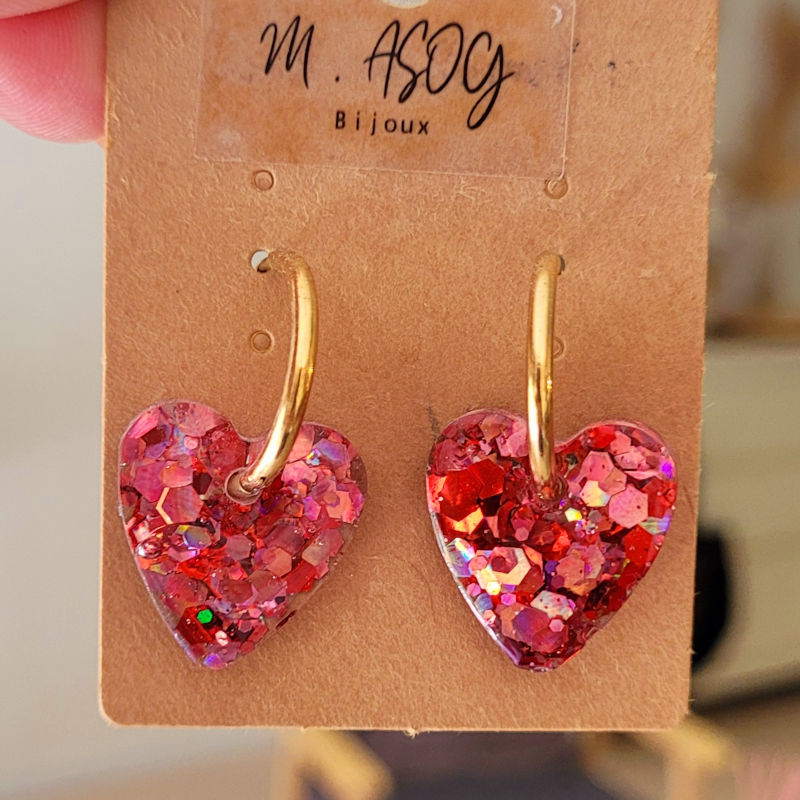 Boucles d'oreille créole dorée et pampille Coeur paillette holographique vieux rose