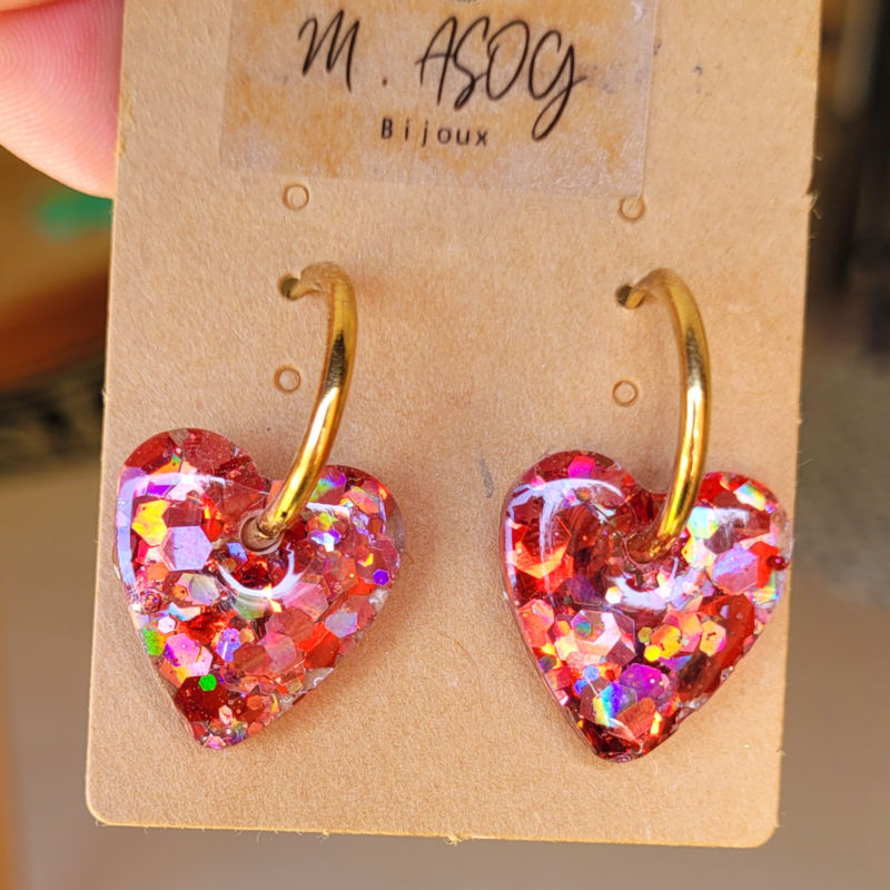 Boucles d'oreille créole dorée et pampille Coeur paillette holographique vieux rose