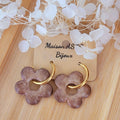 Boucles d'oreilles créole dorée et pampille Fleur réversible beige taupe irisé et beige pailleté