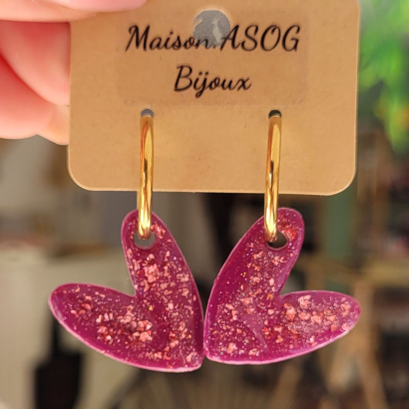 Boucles d'oreille créole dorée et pampille Love violine pailleté rosé cuivré