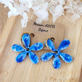 Boucles d'oreilles créole dorée et pampille Paola marbrée bleu marine bleu roi bleu ciel et paillette