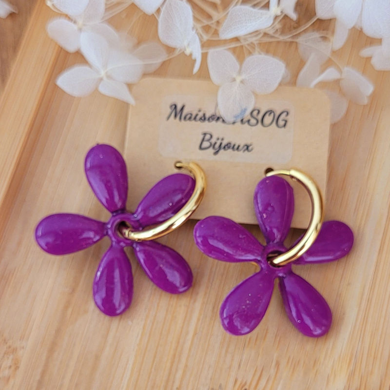 Boucles d'oreilles créole dorée et pampille Paola violine pailleté