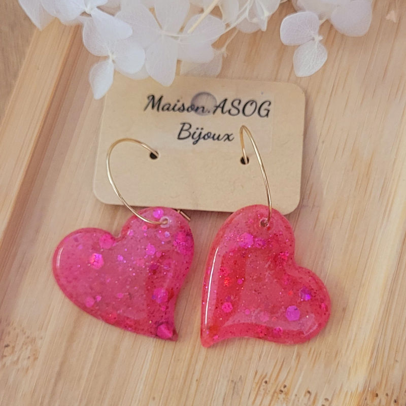 Boucle d'oreille créole dorée Anna rose fushia pailleté