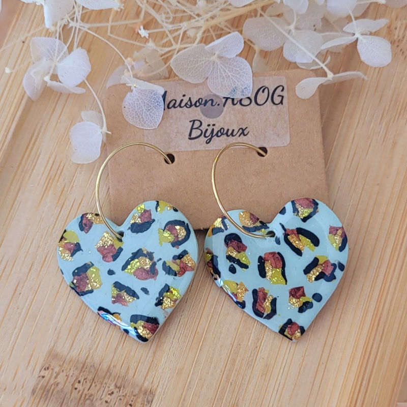 Boucles d'oreille Créole fine dorée pampille Coeur Léopard vert sauge vert anis caramel et doré