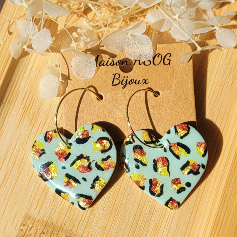 Boucles d'oreille Créole fine dorée pampille Coeur Léopard vert sauge vert anis caramel et doré