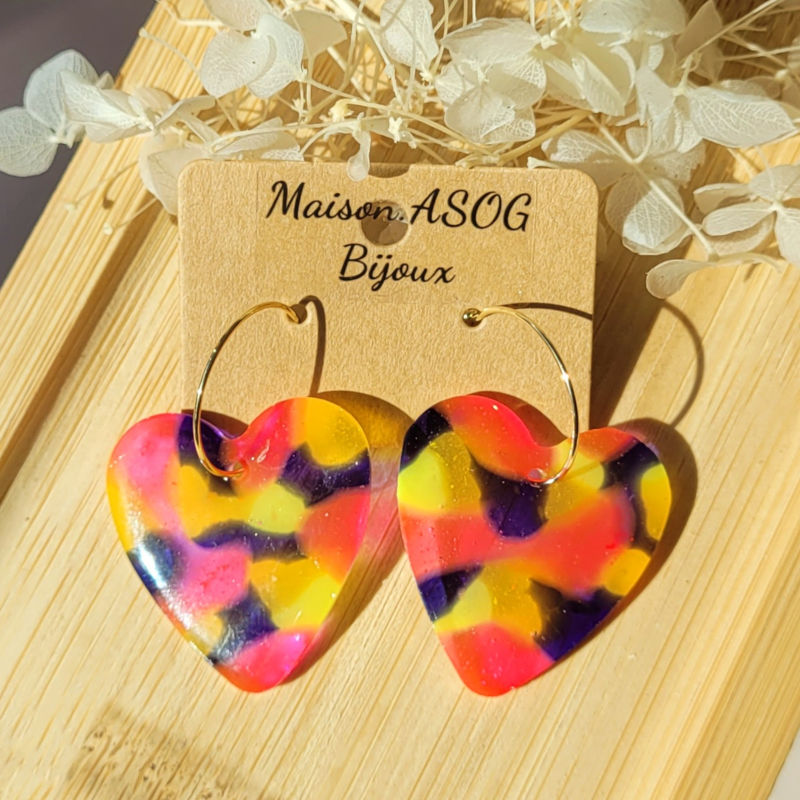 Boucles d'oreille Créole fine pampille Coeur effet tortoise bleu marine rose fluo jaune orange