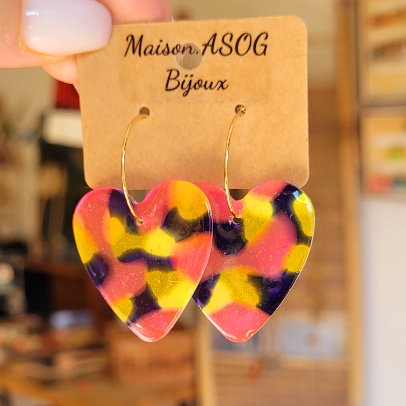 Boucles d'oreille Créole fine pampille Coeur effet tortoise bleu marine rose fluo jaune orange