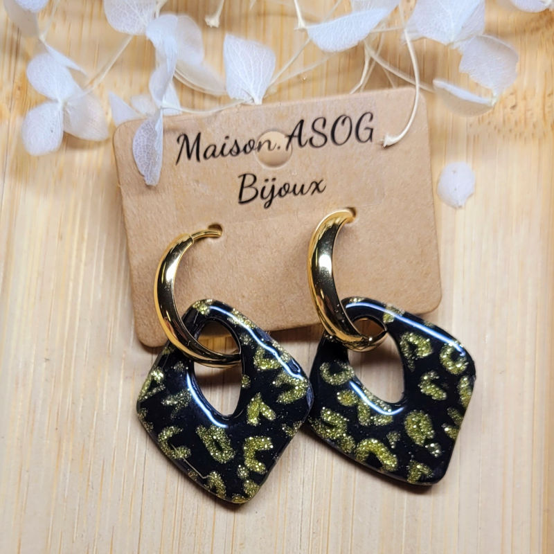 Boucles d'oreille Créole dorée pampille Julie léopard noir et doré