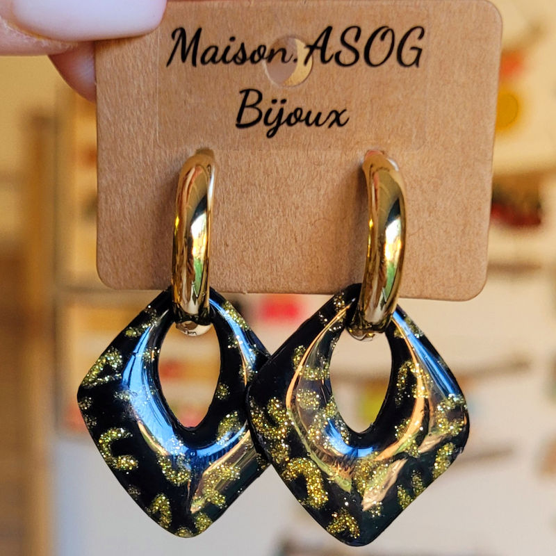 Boucles d'oreille Créole dorée pampille Julie léopard noir et doré