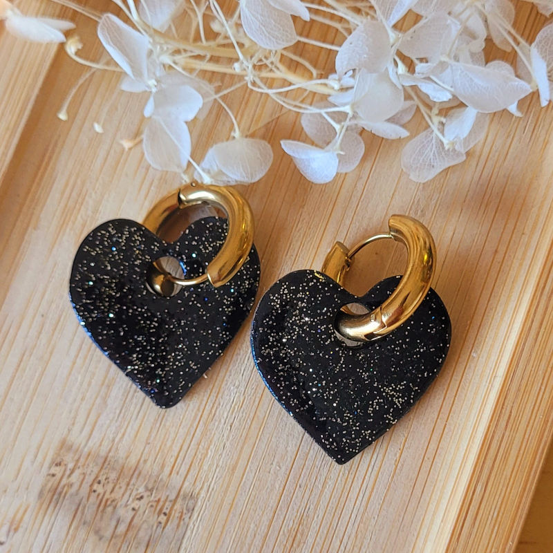 Boucles d'oreille Créole dorée pampille Coeur réversible Léopard noir doré et pailleté doré