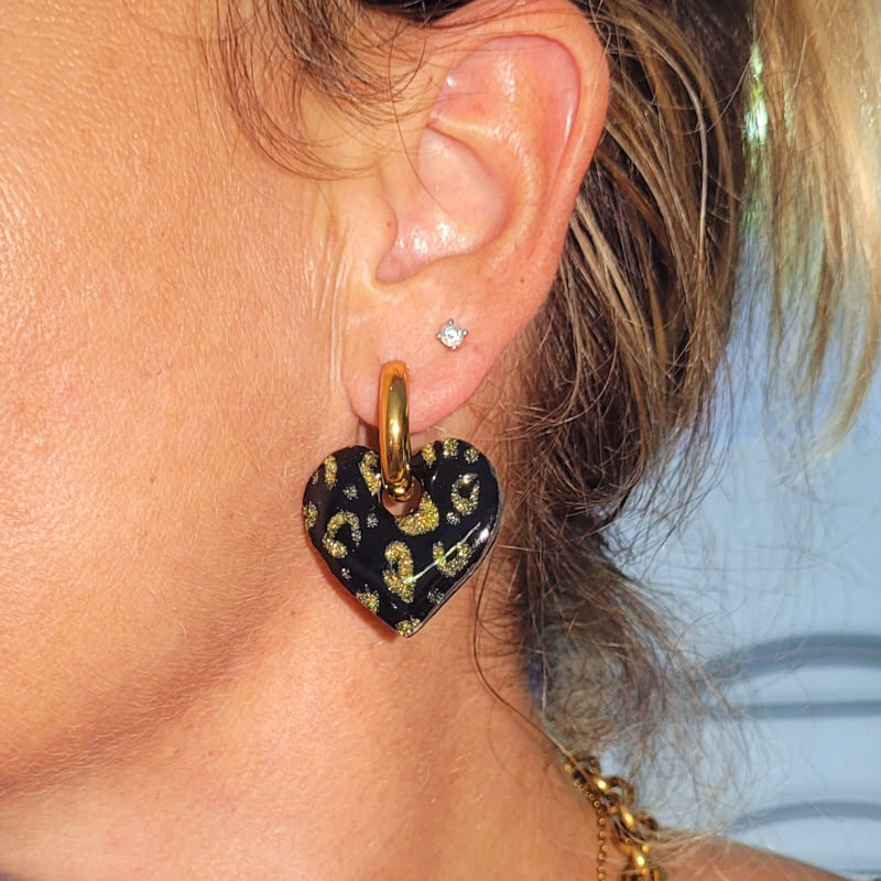Boucles d'oreille Créole dorée pampille Coeur réversible Léopard noir doré et pailleté doré