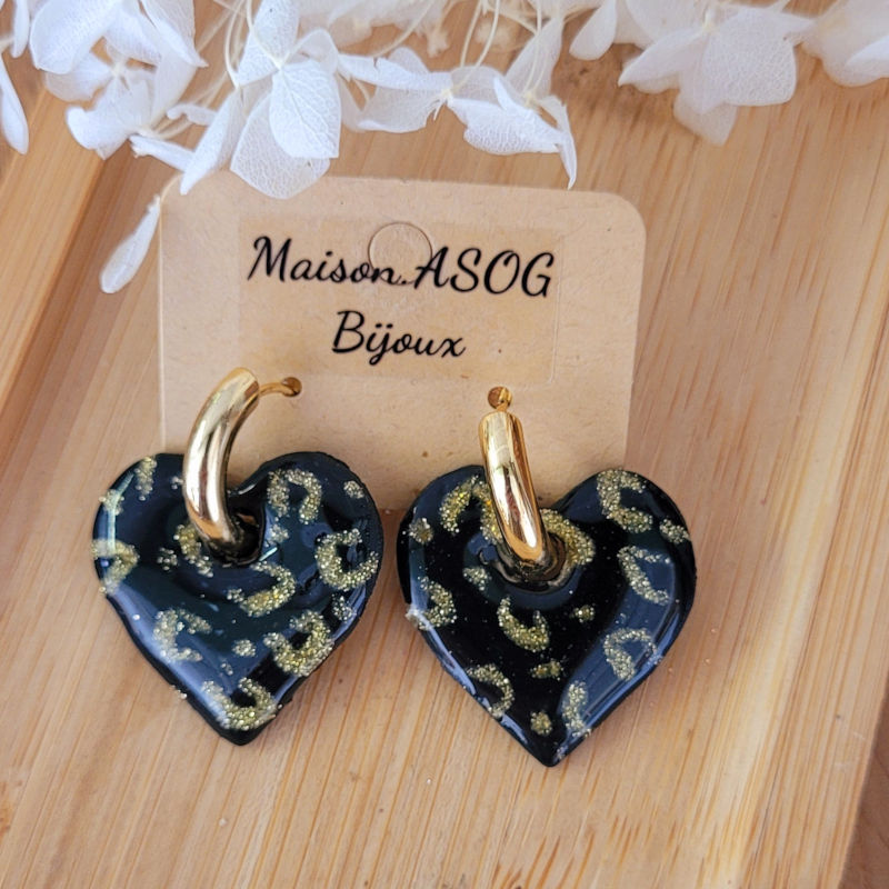 Boucles d'oreille Créole dorée pampille Coeur réversible Léopard noir doré et pailleté doré