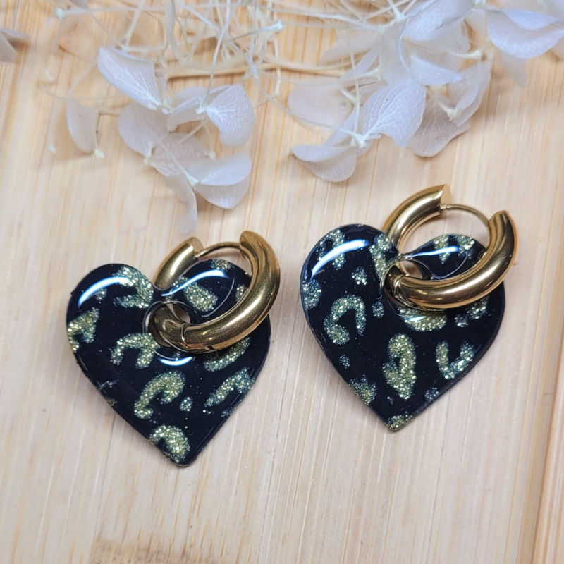 Boucles d'oreille Créole dorée pampille Coeur réversible Léopard noir doré et pailleté doré