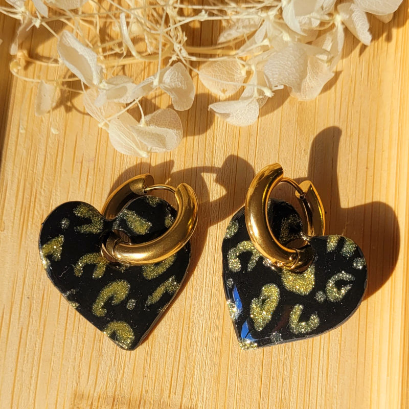 Boucles d'oreille Créole dorée pampille Coeur réversible Léopard noir doré et pailleté doré
