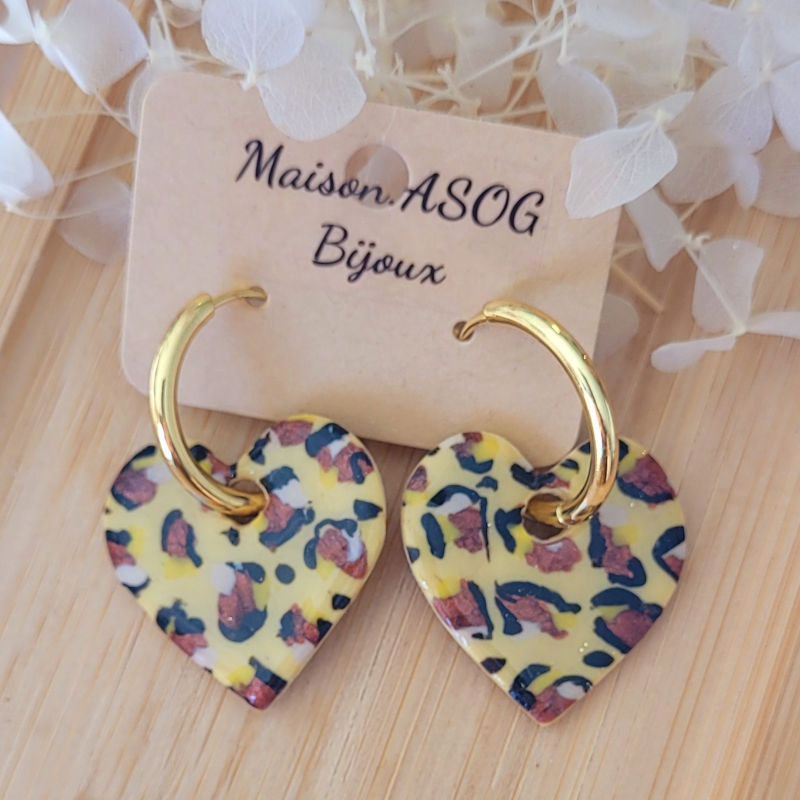 Boucles d'oreille Créole dorée pampille Coeur réversible Léopard jaune beurre caramel jaune et pailleté doré