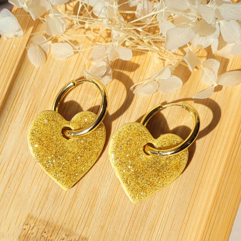 Boucles d'oreille Créole dorée pampille Coeur réversible Léopard jaune beurre caramel jaune et pailleté doré