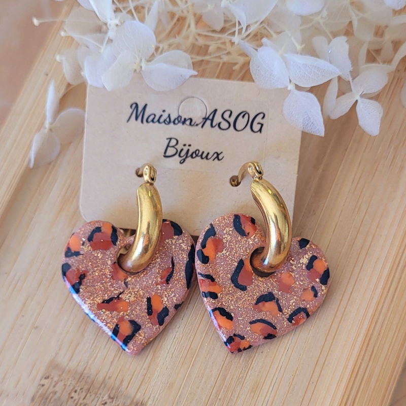 Boucles d'oreille Créole dorée pampille Coeur réversible Léopard rosé cuivré caramel orange et pailleté rosé cuivré