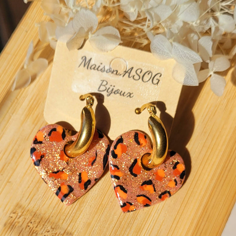 Boucles d'oreille Créole dorée pampille Coeur réversible Léopard rosé cuivré caramel orange et pailleté rosé cuivré