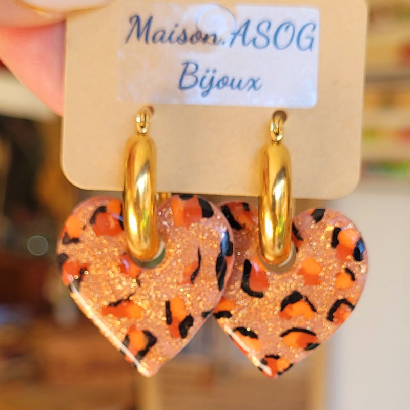 Boucles d'oreille Créole dorée pampille Coeur réversible Léopard rosé cuivré caramel orange et pailleté rosé cuivré