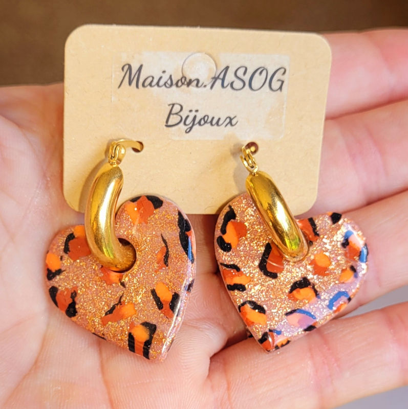 Boucles d'oreille Créole dorée pampille Coeur réversible Léopard rosé cuivré caramel orange et pailleté rosé cuivré
