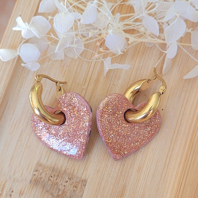 Boucles d'oreille Créole dorée pampille Coeur réversible Léopard rosé cuivré caramel orange et pailleté rosé cuivré