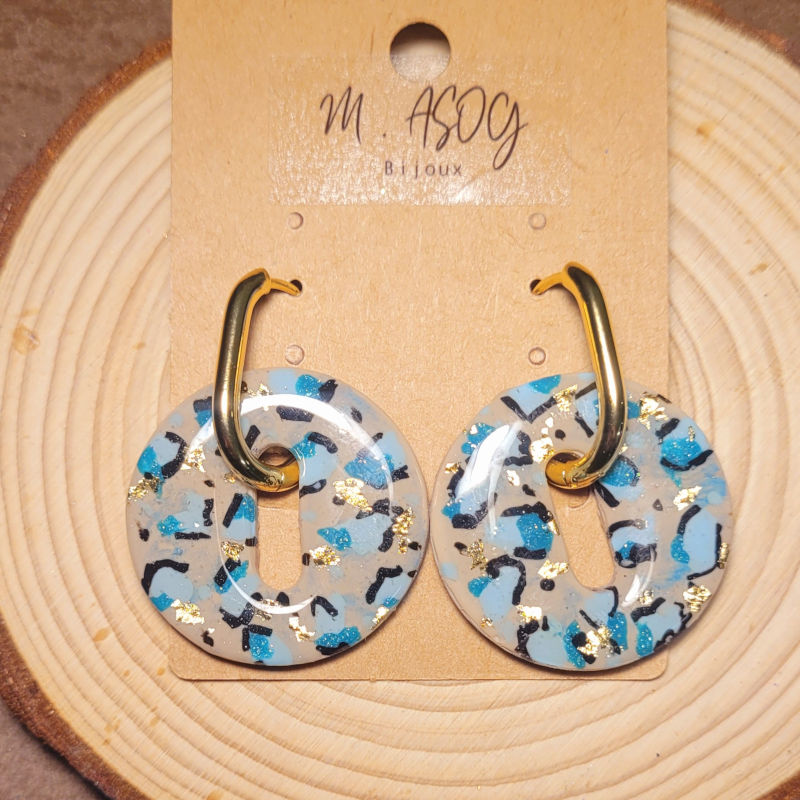 Boucles d'oreilles créole dorée et pampille Donut's réversible léopard bleu et paillette