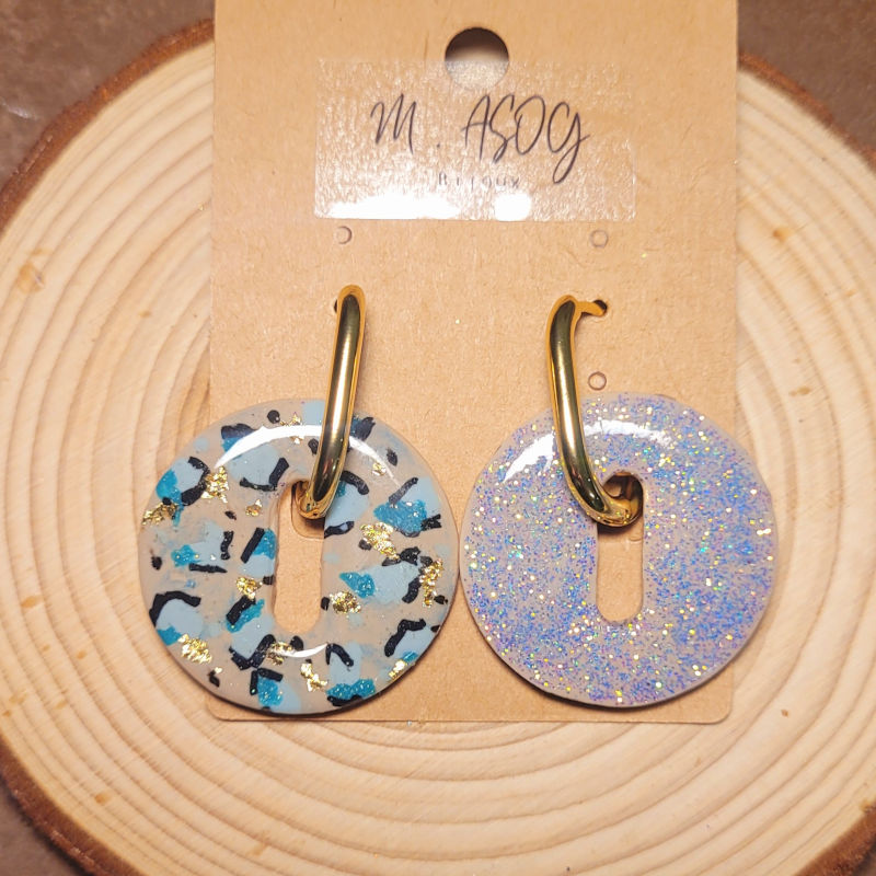 Boucles d'oreilles créole dorée et pampille Donut's réversible léopard bleu et paillette