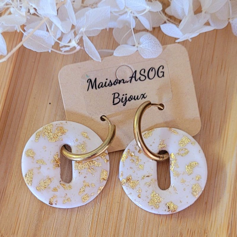 Boucles d'oreilles créole dorée et pampille Donut's réversible blanc avec éclat doré et paillette dorée