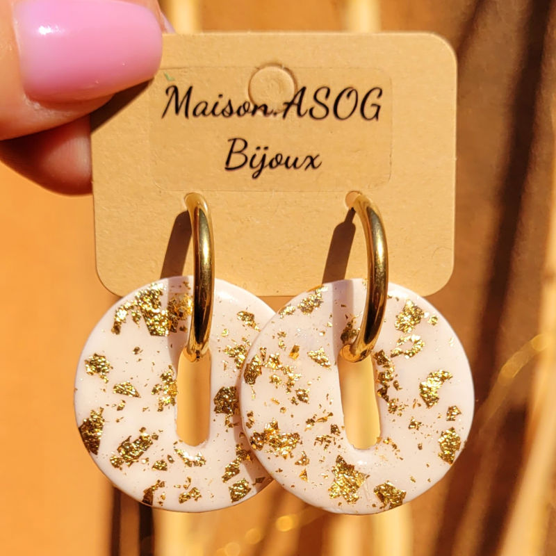 Boucles d'oreilles créole dorée et pampille Donut's réversible blanc avec éclat doré et paillette dorée
