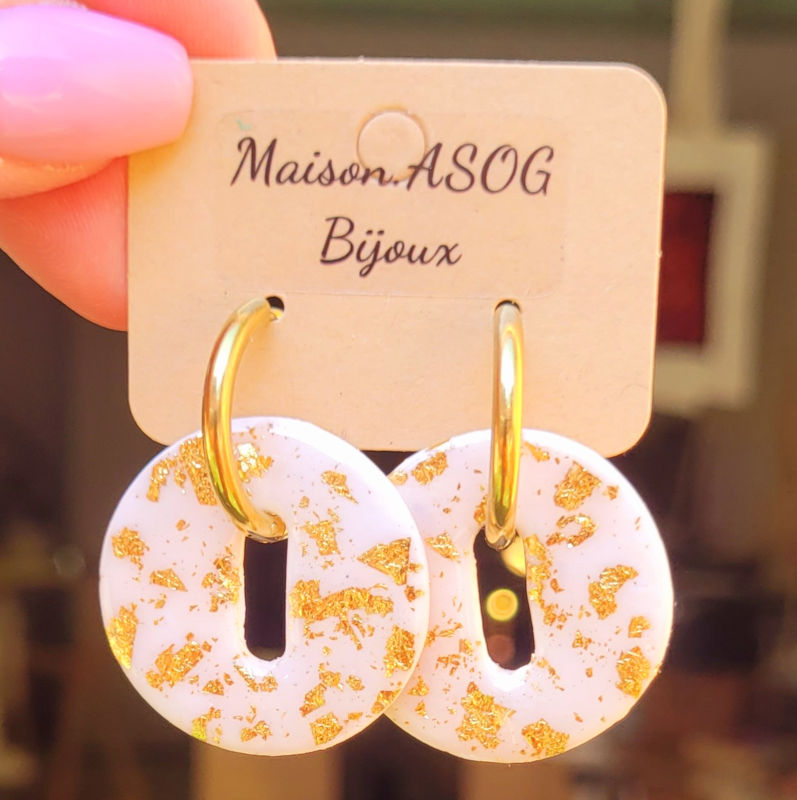 Boucles d'oreilles créole dorée et pampille Donut's réversible blanc avec éclat doré et paillette dorée
