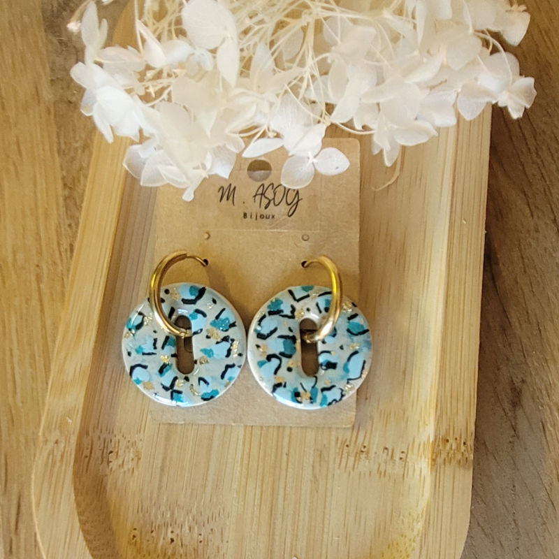 Boucles d'oreilles créole dorée et pampille Donut's réversible léopard bleu et paillette