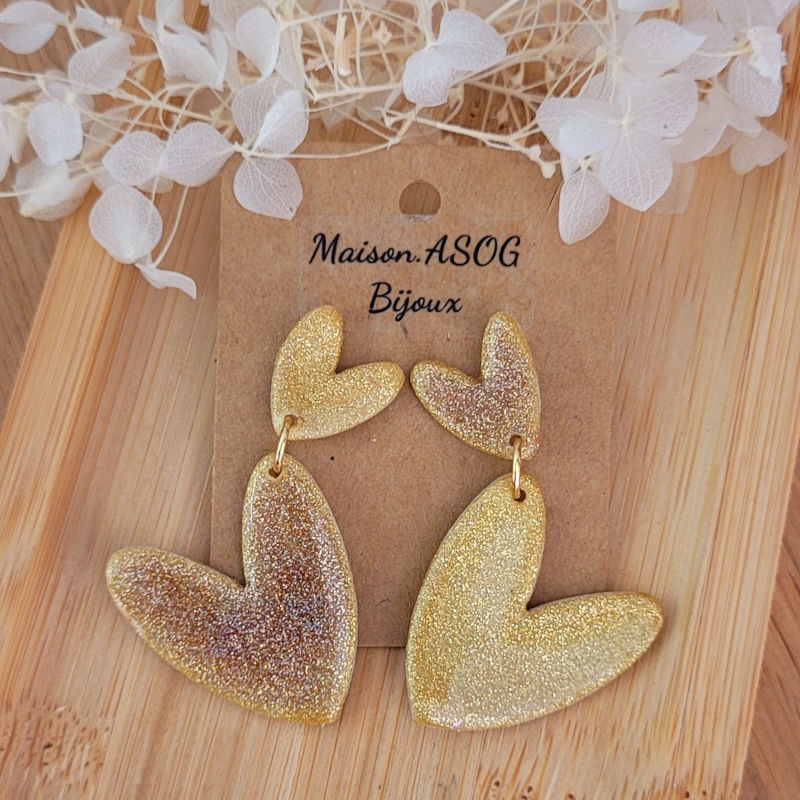 Boucle d'oreilles Double Love paillette dorée holographique