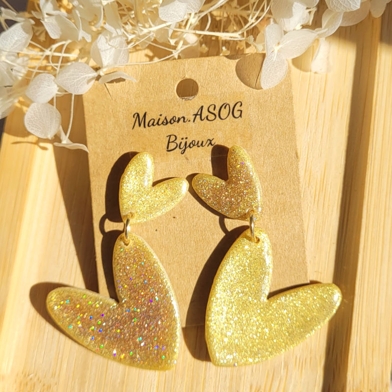 Boucle d'oreilles Double Love paillette dorée holographique