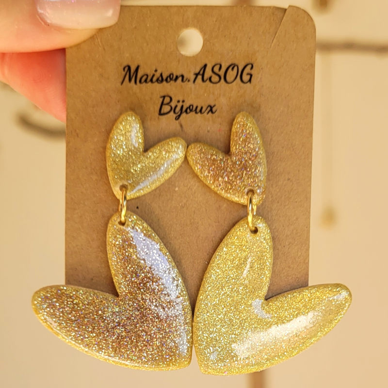 Boucle d'oreilles Double Love paillette dorée holographique